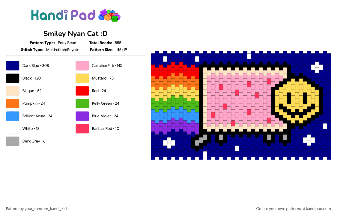 Smiley Nyan Cat :D - Pony Bead Pattern by your_random_kandi_kid on Kandi Pad - nyan cat, pink, purple, rainbow, smiley face