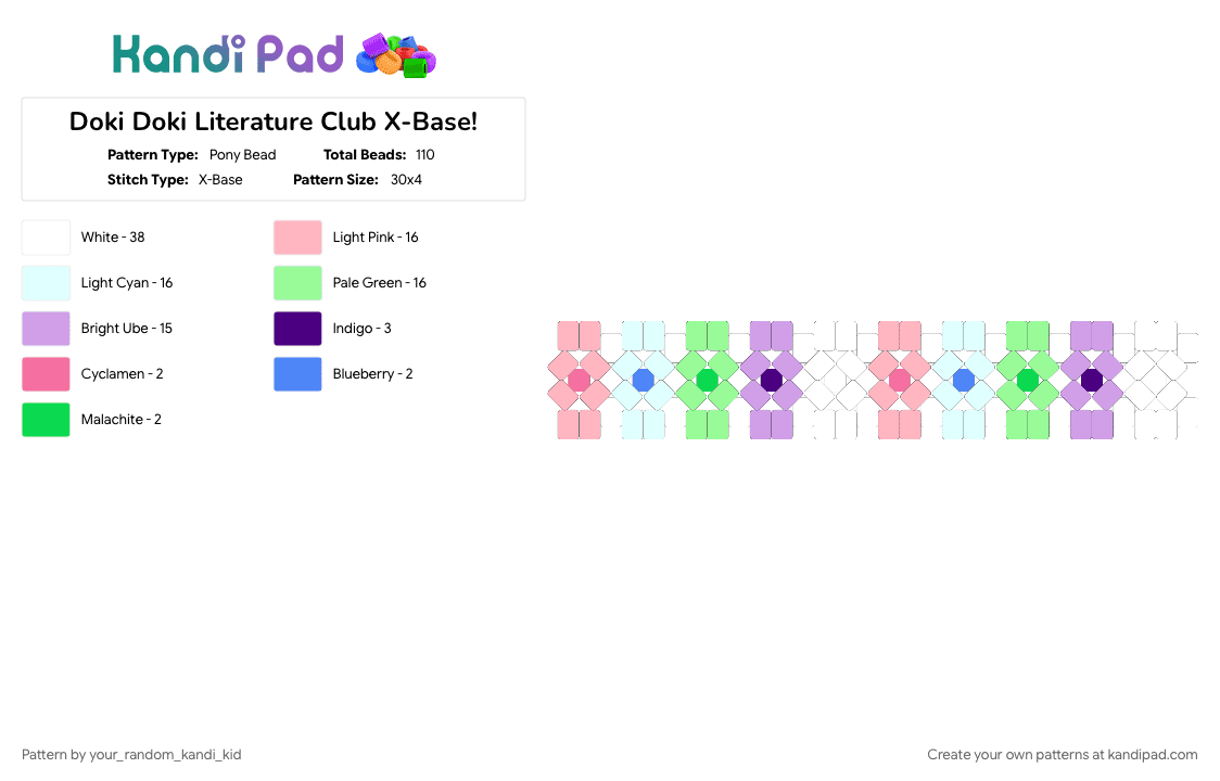 Doki Doki Literature Club X-Base! - Pony Bead Pattern by your_random_kandi_kid on Kandi Pad - ddlc, mini rotator cuff, pink, teal, white, x base