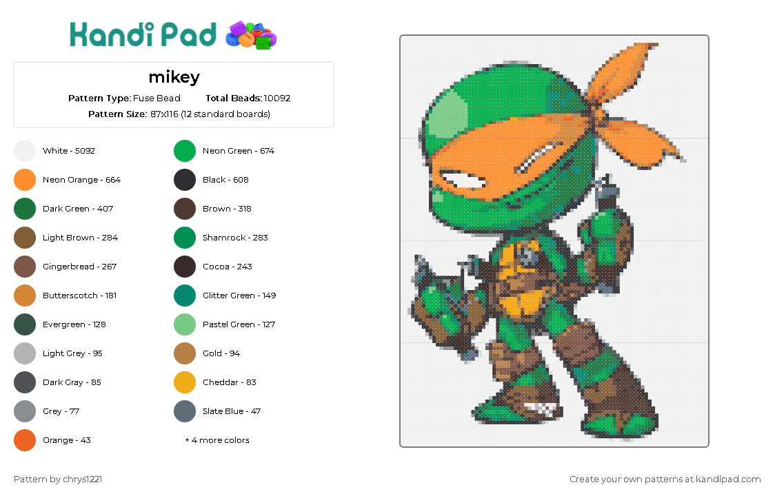 mikey - Fuse Bead Pattern by chrys1221 on Kandi Pad - michaelangelo,tmnt,teenage mutant ninja turtles,hero,bandana,animated,series,character,green,orange