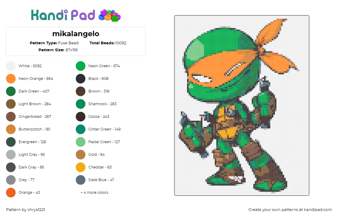 mikalangelo - Fuse Bead Pattern by chrys1221 on Kandi Pad - michaelangelo,tmnt,teenage mutant ninja turtles,ninja,action,adventure,mask,gree