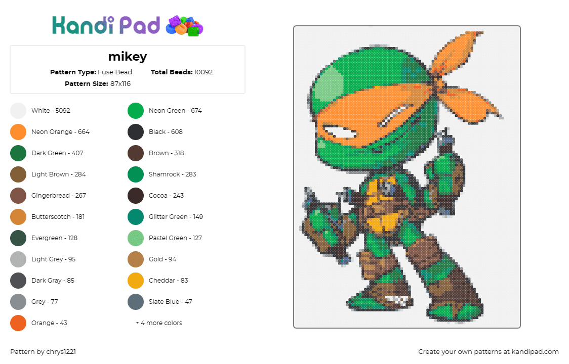 mikey - Fuse Bead Pattern by chrys1221 on Kandi Pad - michaelangelo,tmnt,teenage mutant ninja turtles,hero,bandana,animated,series,cha