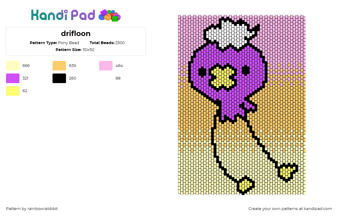 drifloon - Pony Bead Pattern by rainbowrabbbit on Kandi Pad - drifloon,pokemon,character,cute,gaming,panel,purple,pink,yellow