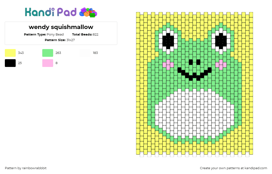 wendy squishmallow - Pony Bead Pattern by rainbowrabbbit on Kandi Pad - wendy,squishmallow,frog,panel,cute,smile,yellow,green,white