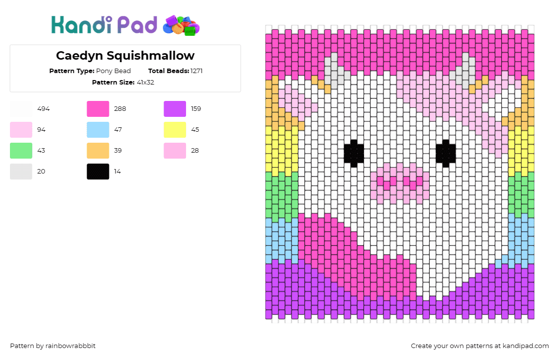 Caedyn Squishmallow - Pony Bead Pattern by rainbowrabbbit on Kandi Pad - caedyn,squishmallow,cow,animal,cute,kawaii,colorful,panel,white,pink