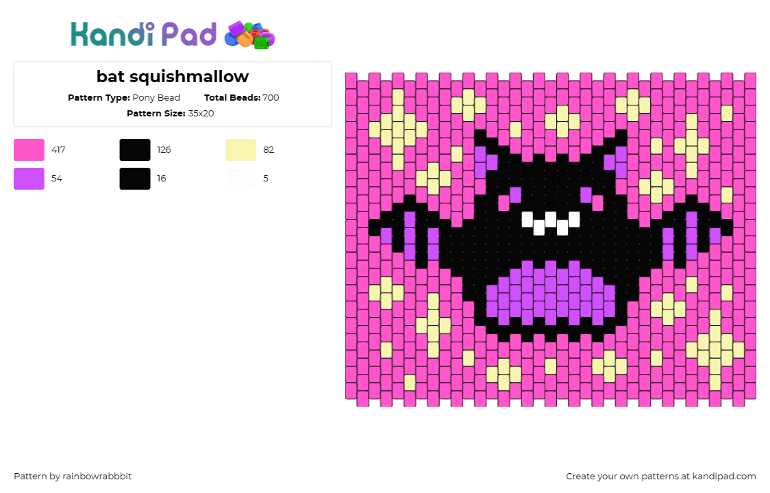 bat squishmallow - Pony Bead Pattern by rainbowrabbbit on Kandi Pad - bat,squishmallow,animal,cute,panel,tapestry,sparkles,winged,pink,black,purple