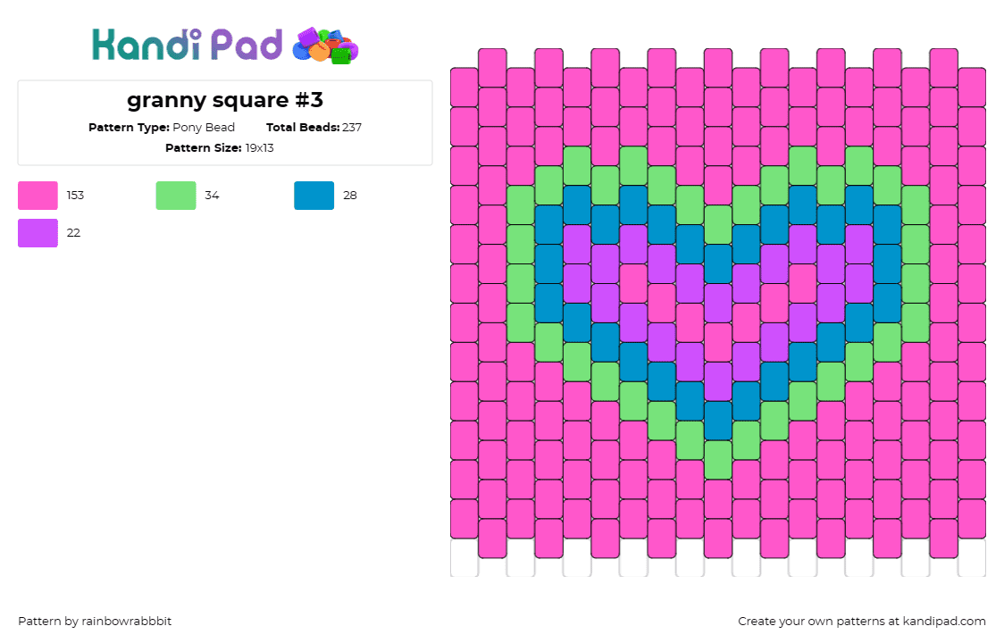 granny square #3 - Pony Bead Pattern by rainbowrabbbit on Kandi Pad - heart,quilt,colorful,panel,pink,green