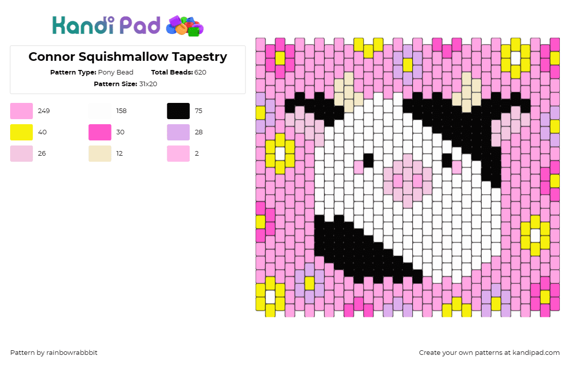 Connor Squishmallow Tapestry - Pony Bead Pattern by rainbowrabbbit on Kandi Pad - connor,cow,squishmallow,animal,cute,panel,tapestry,flowers,pink,white,black