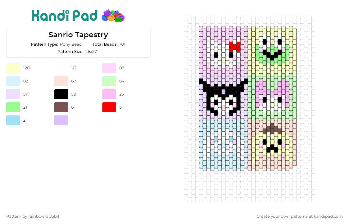Sanrio Tapestry - Pony Bead Pattern by rainbowrabbbit on Kandi Pad - sanrio,hello kitty,kuromi,my melody,keroppi,tapestry,panel
