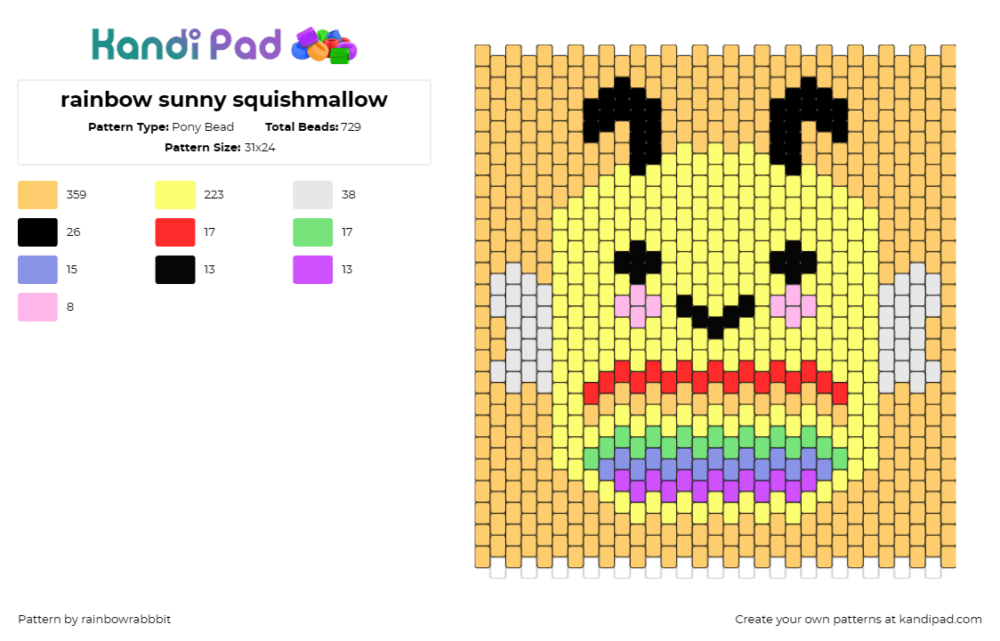 rainbow sunny squishmallow - Pony Bead Pattern by rainbowrabbbit on Kandi Pad - sunny,squishmallow,been,cute,rainbow,panel,smile,yellow,orange