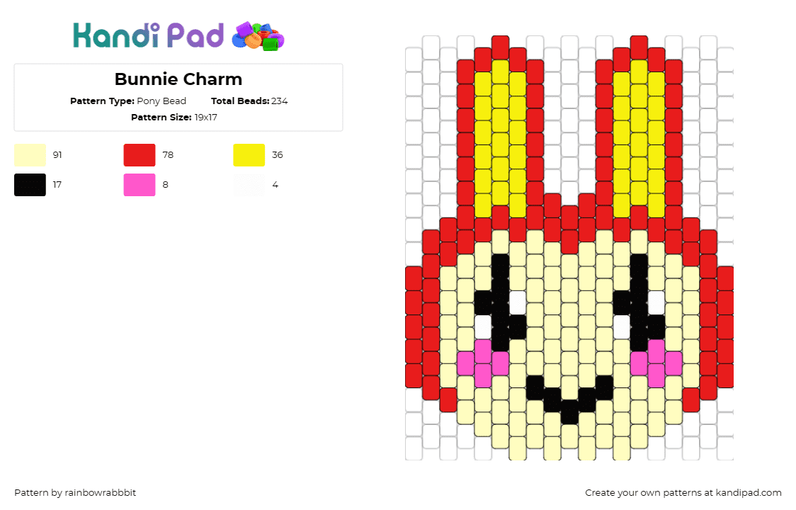 Bunnie Charm - Pony Bead Pattern by rainbowrabbbit on Kandi Pad - bunnie,animal crossing,bunny,character,video game,smile,yellow,red