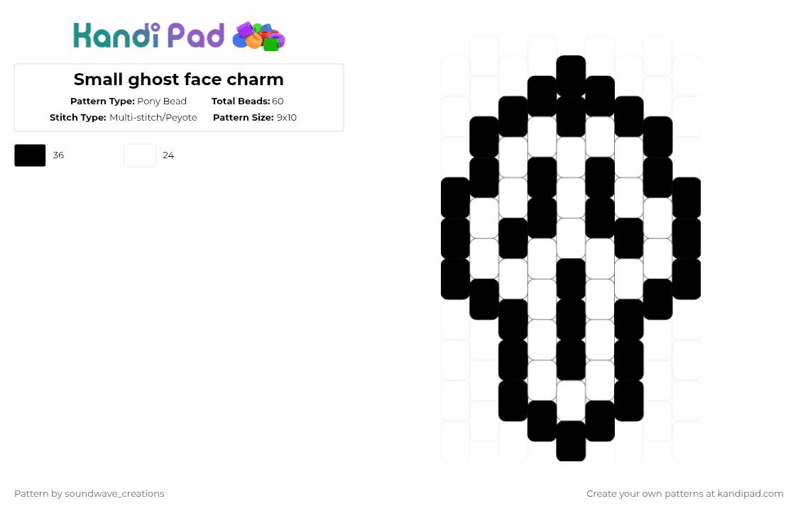Small ghost face charm - Pony Bead Pattern by soundwave_creations on Kandi Pad - black,white