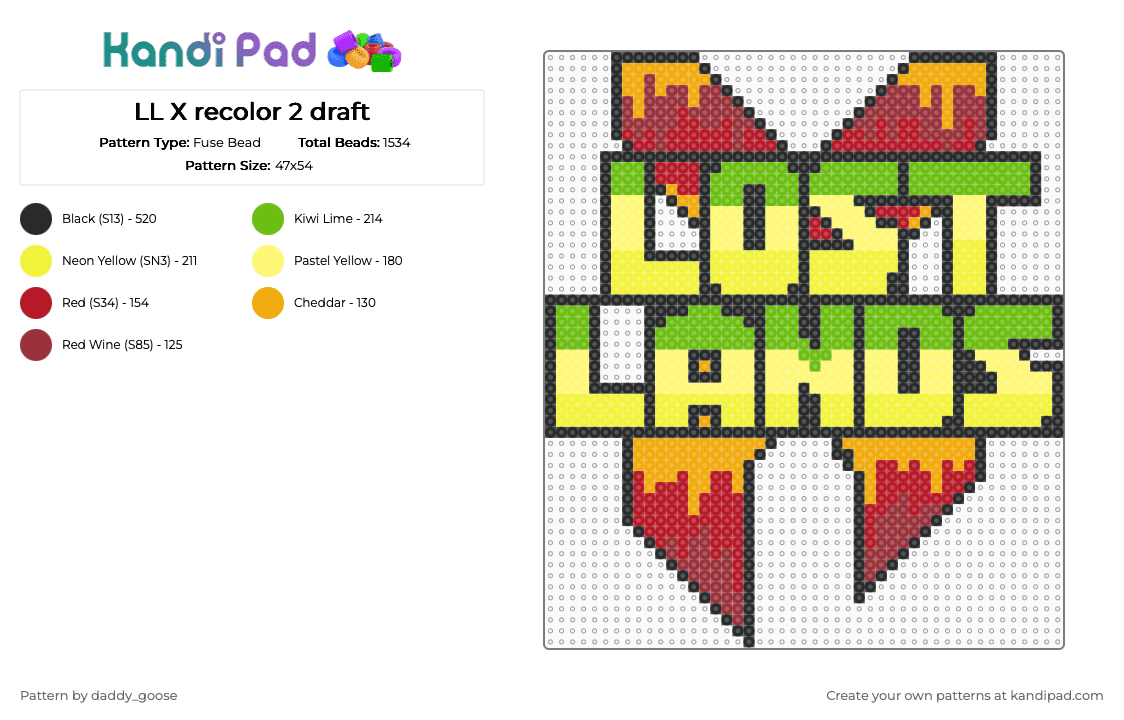 LL X recolor 2 draft - Fuse Bead Pattern by daddy_goose on Kandi Pad - red,yellow