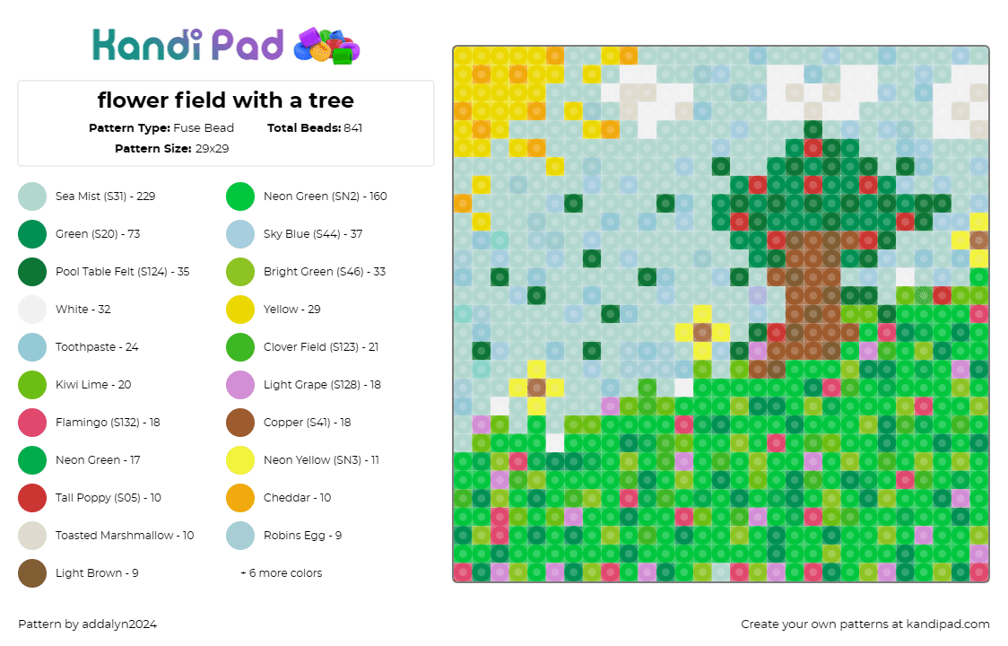 flower field with a tree - Fuse Bead Pattern by addalyn2024 on Kandi Pad - field,landscape,nature,floral,tree,serenity,pastoral,outdoors,greenery,green