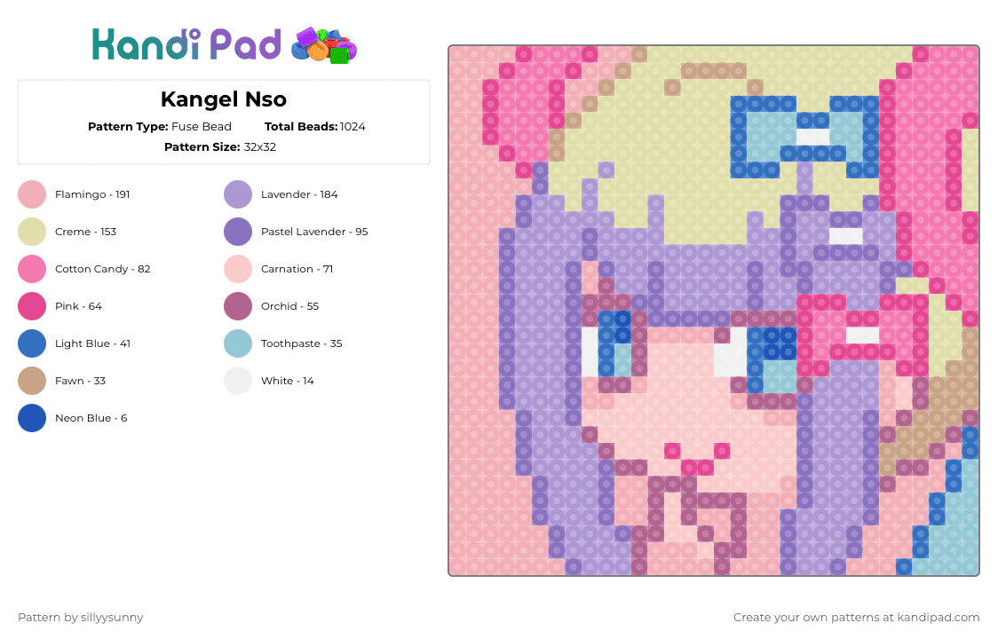 Kangel Nso - Fuse Bead Pattern by sillyysunny on Kandi Pad - pink,beige,omgkawaiiangel,needystreameroverload,needygirloverdose,kangel,nso