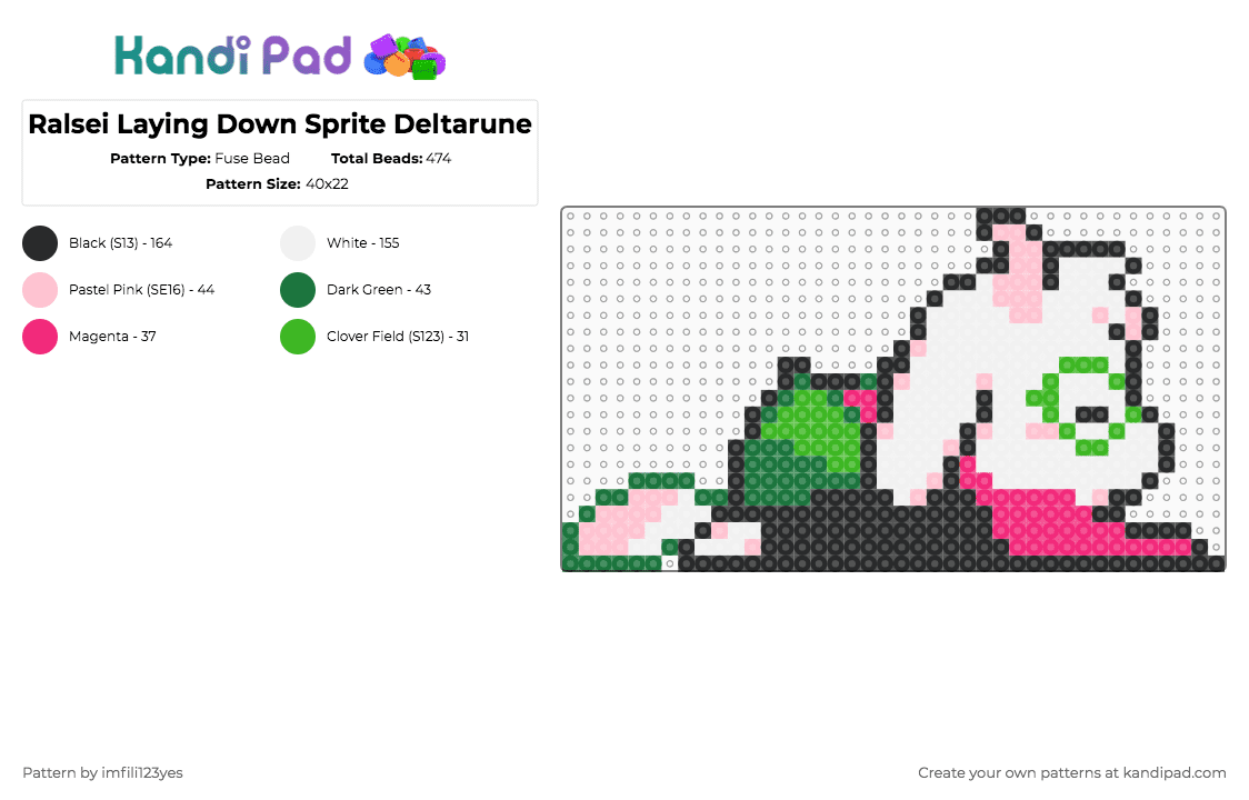 Ralsei Laying Down Sprite Deltarune - Fuse Bead Pattern by imfili123yes on Kandi Pad - green,pink,deltarune,ralsei