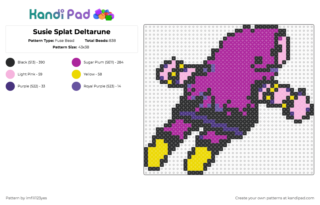 Susie Splat Deltarune - Fuse Bead Pattern by imfili123yes on Kandi Pad - pink,susie,susie deltarune,susie splat,deltarune,undertale