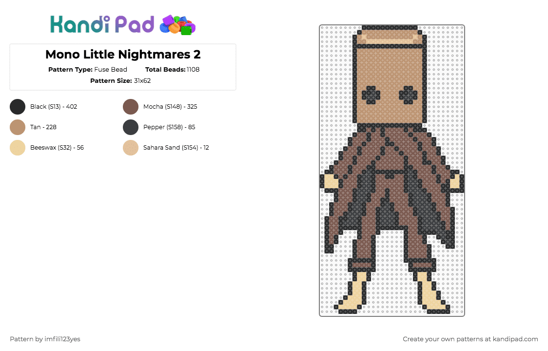 Mono Little Nightmares 2 - Fuse Bead Pattern by imfili123yes on Kandi Pad - beige,tan,little nightmares,mono,mono little nightmares,little nightmares 2,scary,horror games