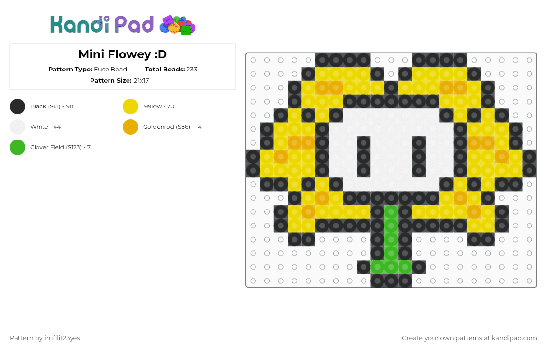 Mini Flowey :D - Fuse Bead Pattern by imfili123yes on Kandi Pad - yellow,flowey,undertale,flowey undertale,you idiot,in this world,its kill or be killed