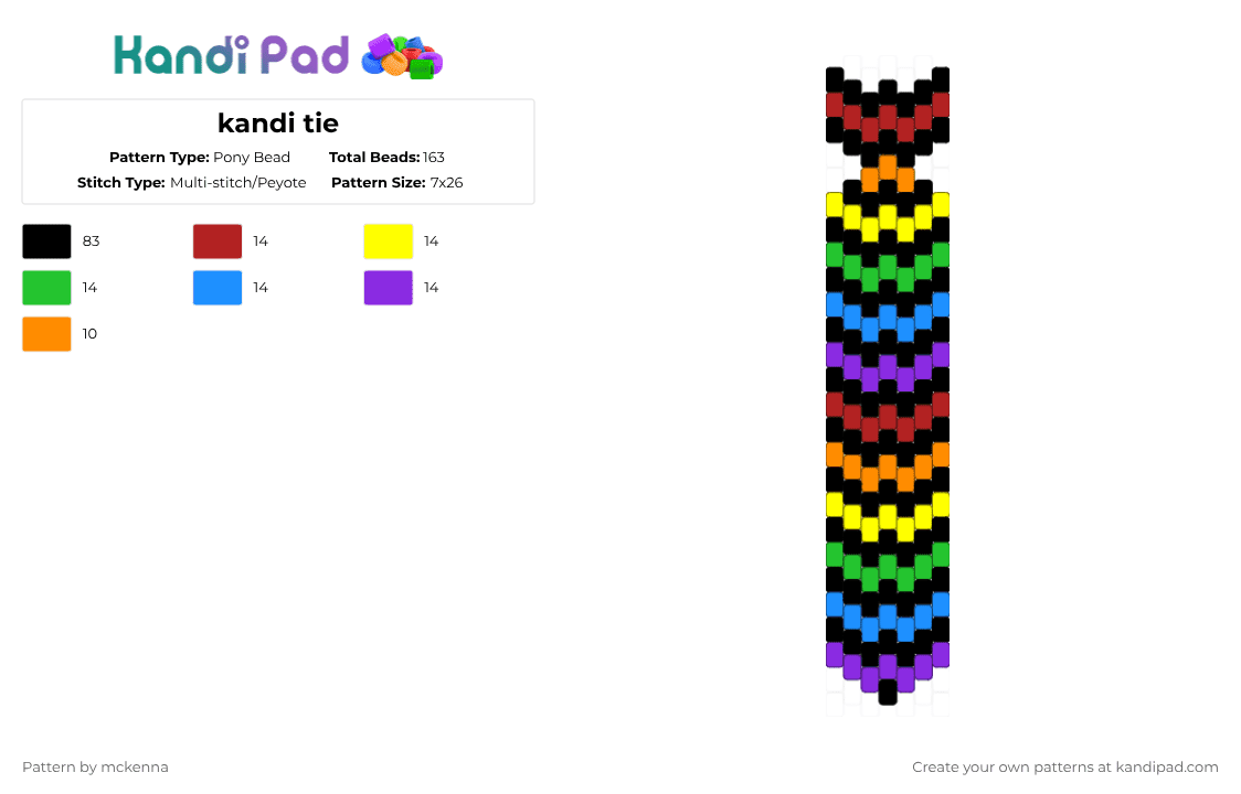 kandi tie - Pony Bead Pattern by mckenna on Kandi Pad - black,yellow,light blue,colorful