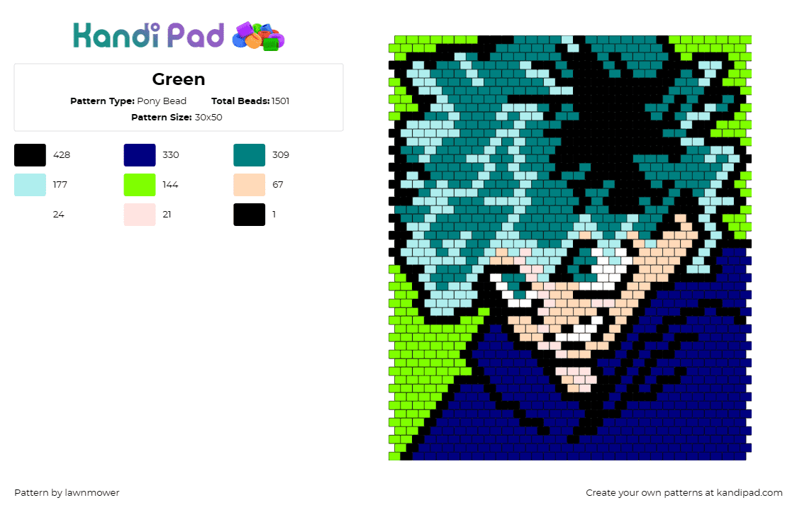 Green - Pony Bead Pattern by lawnmower on Kandi Pad - deku,izuku midoriya,mha,my hero academia,character,panel,anime,green,blue,teal