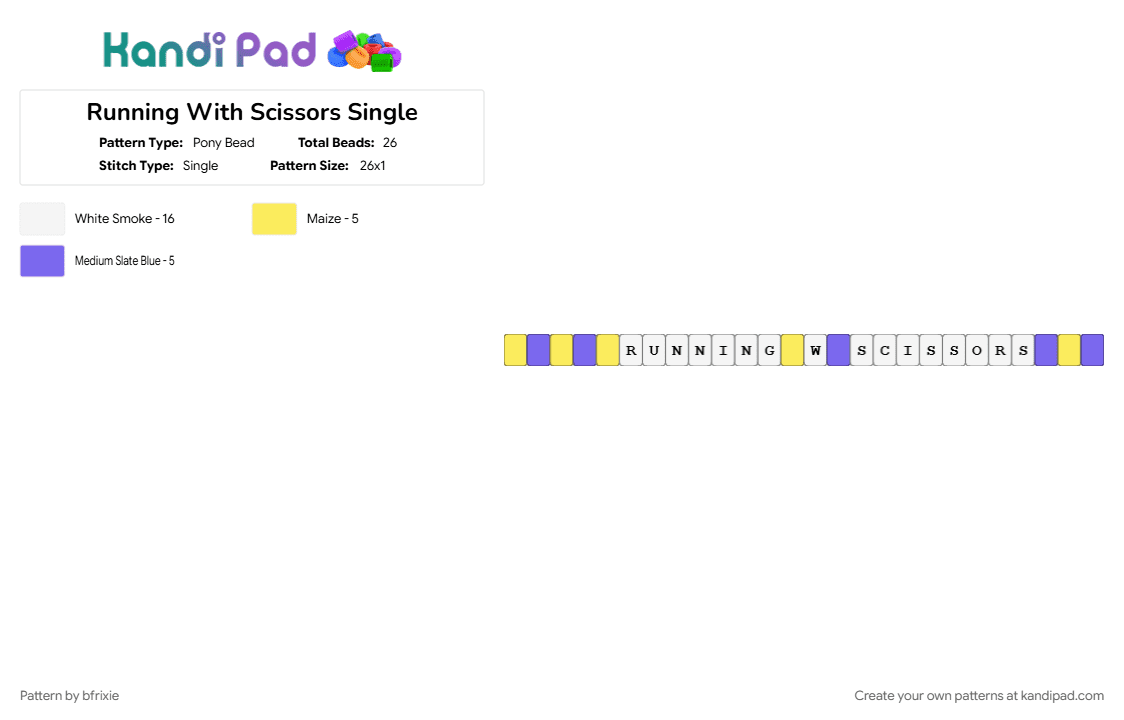 Running With Scissors Single - Pony Bead Pattern by bfrixie on Kandi Pad - blue, white, yellow
