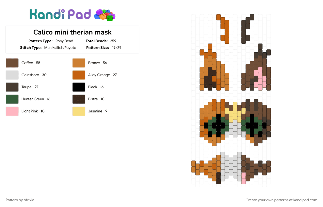 Calico mini therian mask - Pony Bead Pattern by bfrixie on Kandi Pad - animal, brown, cat, mask, orange