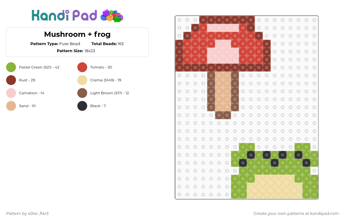 Mushroom + frog - Fuse Bead Pattern by s0l4r_fl4r3 on Kandi Pad - beige, green, red