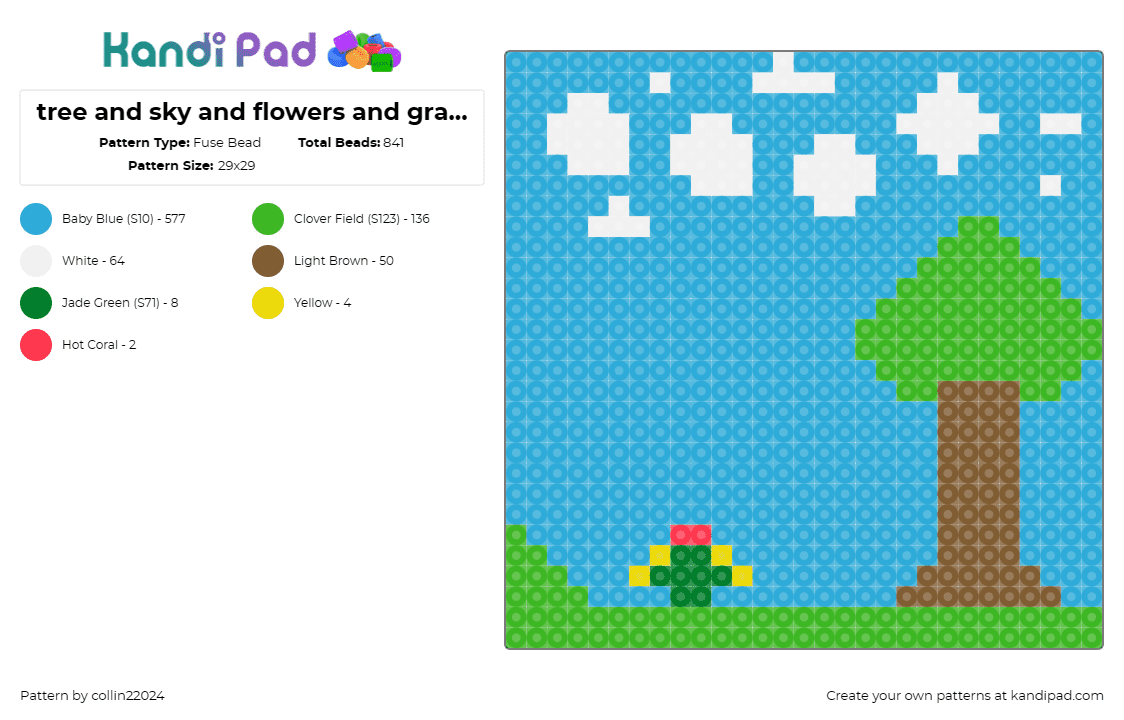 tree and sky and flowers and grass and hill and clods. - Fuse Bead Pattern by collin22024 on Kandi Pad - landscape,nature,tree,flowers,tranquility,serene,vibrant,lush,blue