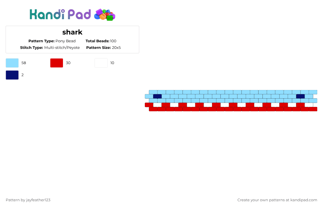 shark - Pony Bead Pattern by jayfeather123 on Kandi Pad - red,light blue,shark,blue,cute,peyote,cuff
