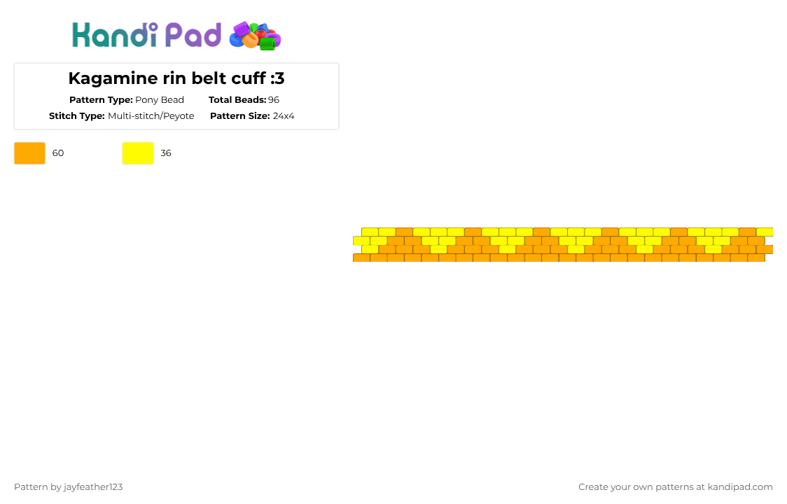 Kagamine rin belt cuff :3 - Pony Bead Pattern by jayfeather123 on Kandi Pad - orange,yellow,vocaloid,rin,len,peyote