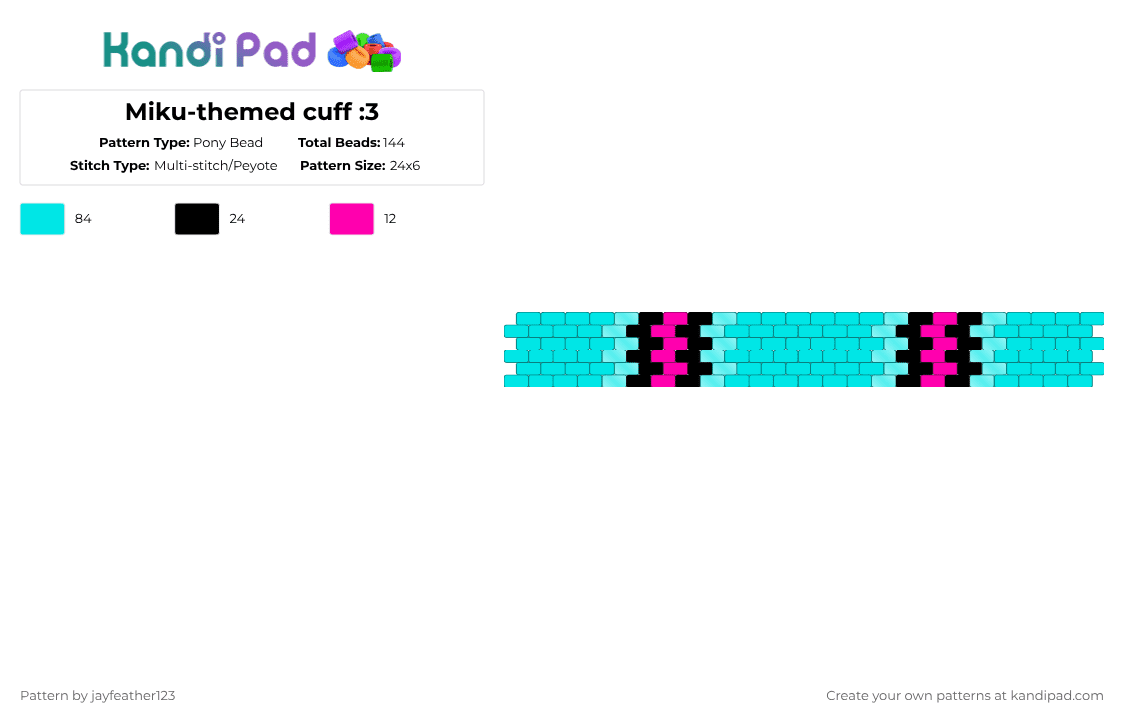 Miku-themed cuff :3 - Pony Bead Pattern by jayfeather123 on Kandi Pad - light blue,miku,vocaloid,hatsune miku,cute,blue,teal