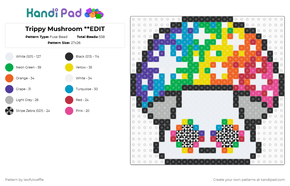 Trippy Mushroom **EDIT - Fuse Bead Pattern by lawfulwaffle on Kandi Pad - white,orange,light blue,colorful