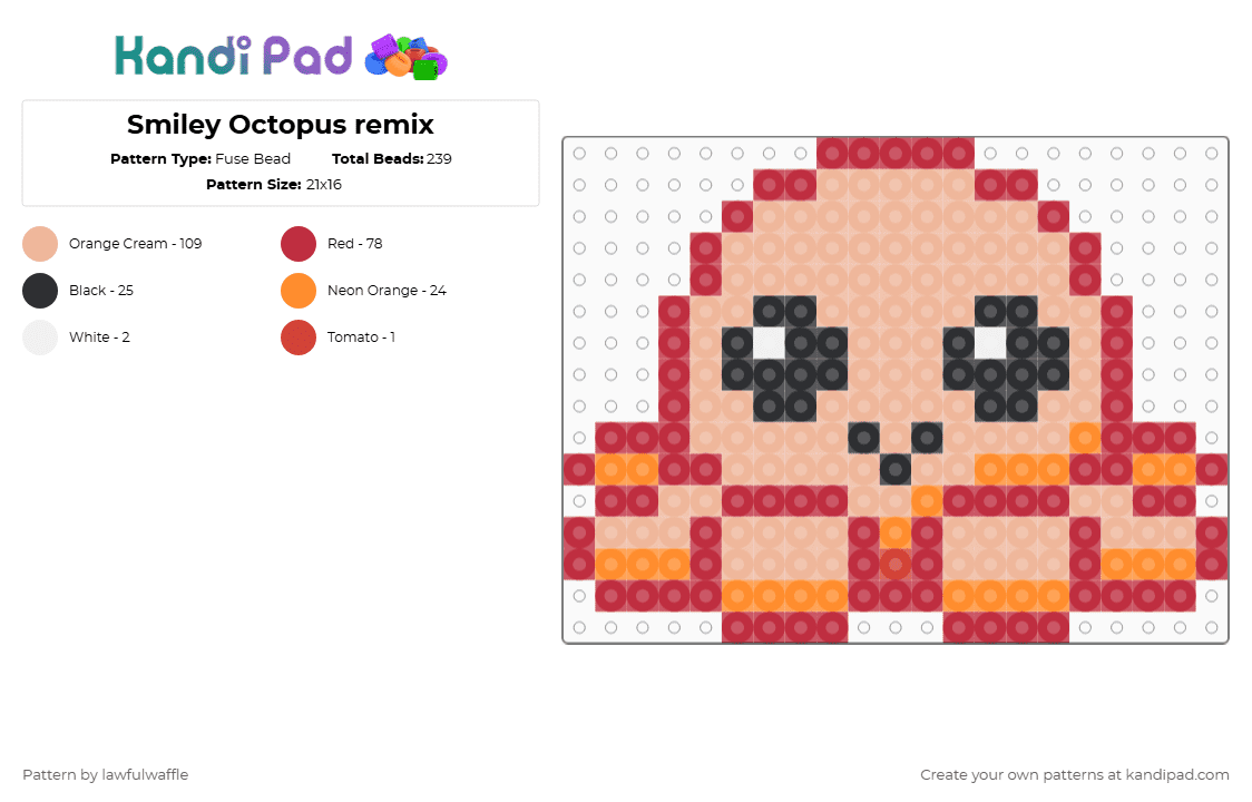 Smiley Octopus remix - Fuse Bead Pattern by lawfulwaffle on Kandi Pad - red,beige