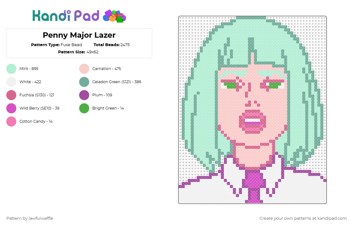 Penny Major Lazer - Fuse Bead Pattern by lawfulwaffle on Kandi Pad - penny,major lazer,light blue,teal,beige