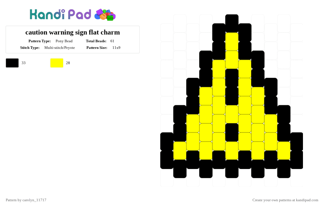 caution warning sign flat charm - Pony Bead Pattern by carolyn_11717 on Kandi Pad - black,yellow,caution,warning,flat charm