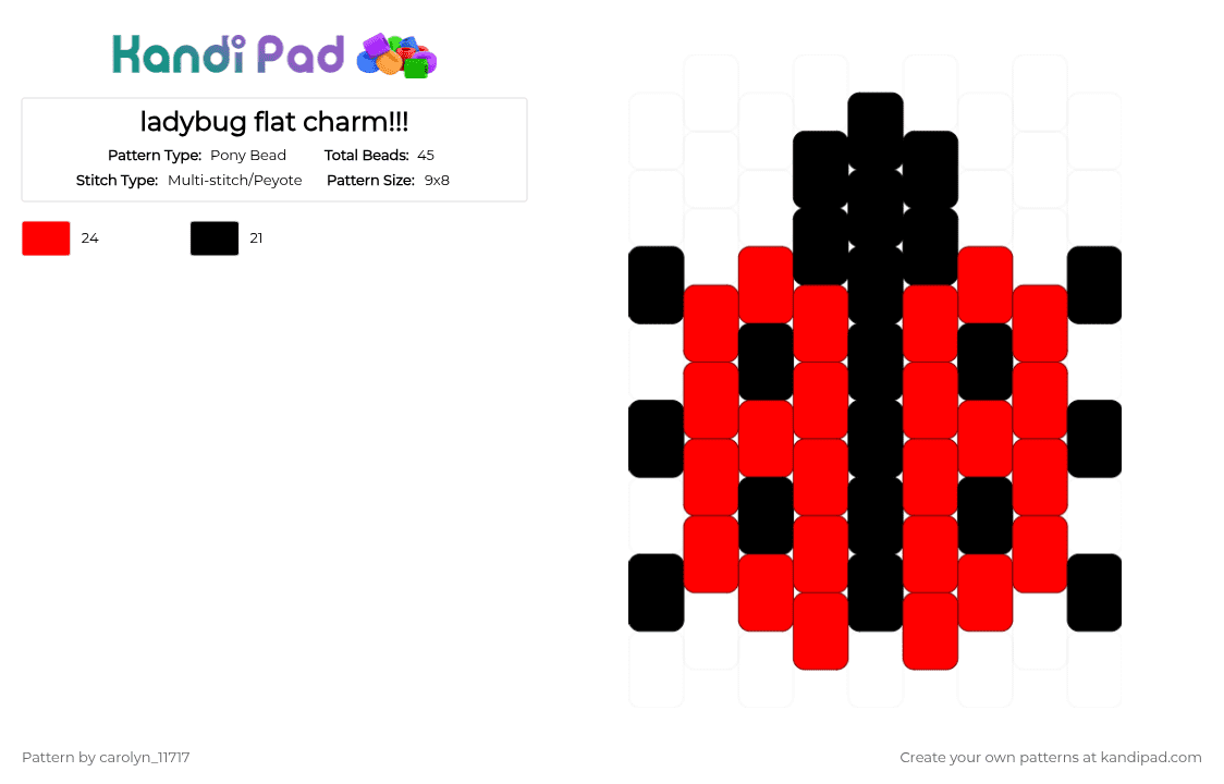 ladybug flat charm!!! - Pony Bead Pattern by carolyn_11717 on Kandi Pad - animals, black, bug, bugs, flat charm, flatcharm, insect, ladybug, multistitch, red