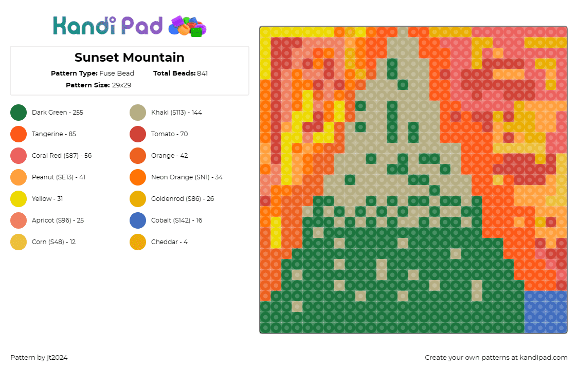 Sunset Mountain - Fuse Bead Pattern by jt2024 on Kandi Pad - mountain,sunset,landscape,serene,tranquil,dusk,nature,art,greens,warm hues,orang
