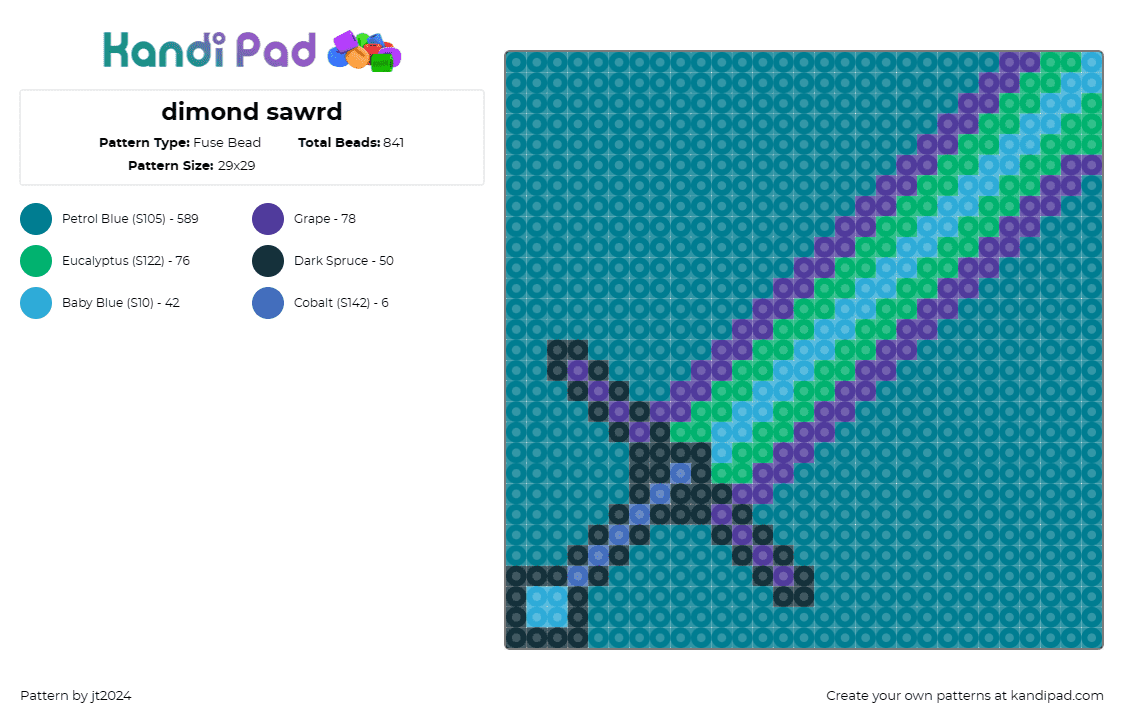 dimond sawrd - Fuse Bead Pattern by jt2024 on Kandi Pad - sword,diamond,adventure,stylized,gradient,striking,visual effect,teal