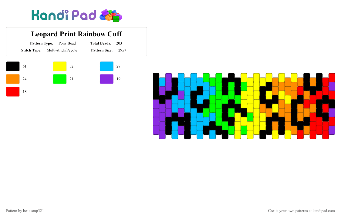 Leopard Print Rainbow Cuff - Pony Bead Pattern by beadsoup321 on Kandi Pad - light blue, orange, yellow