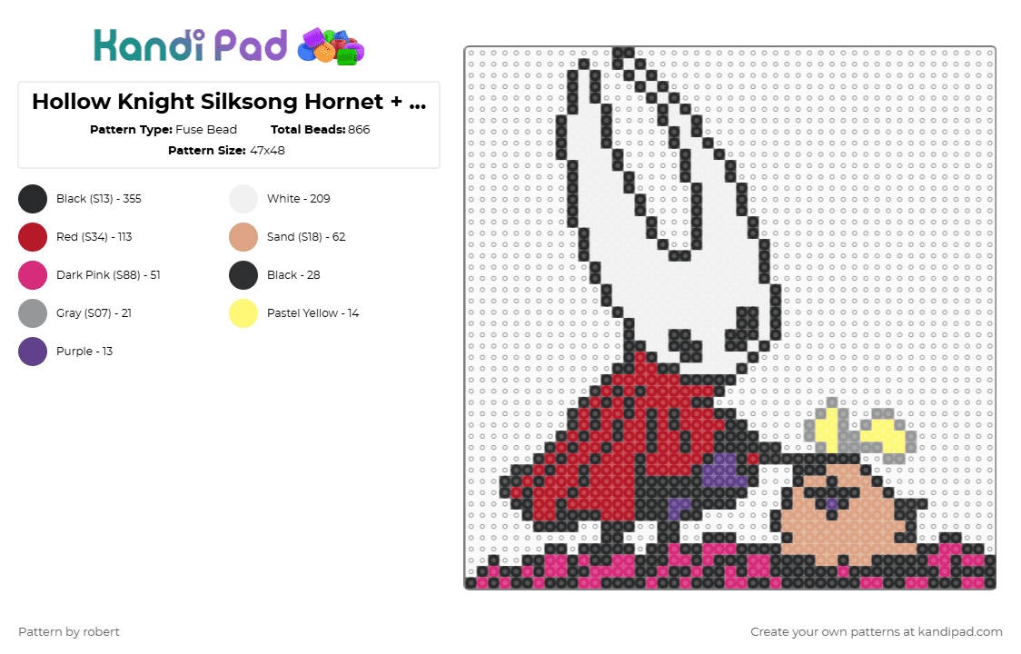 Hollow Knight Silksong Hornet + Flea!!! - Fuse Bead Pattern by robert on Kandi Pad - black,white,red,pink,colorful