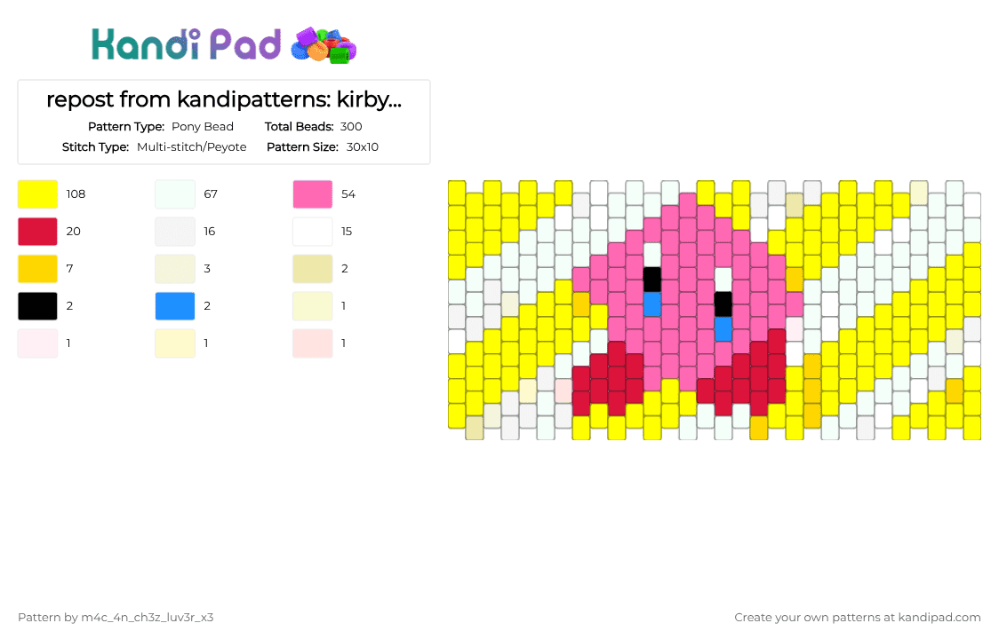 repost from kandipatterns: kirby cuff - Pony Bead Pattern by m4c_4n_ch3z_luv3r_x3 on Kandi Pad - yellow,pink,kirby