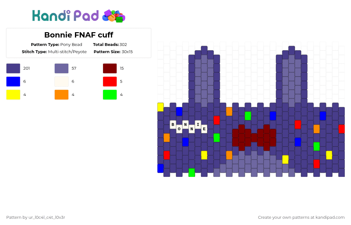 Bonnie FNAF cuff - Pony Bead Pattern by ur_l0c4l_c4t_l0v3r on Kandi Pad - purple,cuff,fnaf,bonnie,five nights at freddys,bunny,blue,rockstar