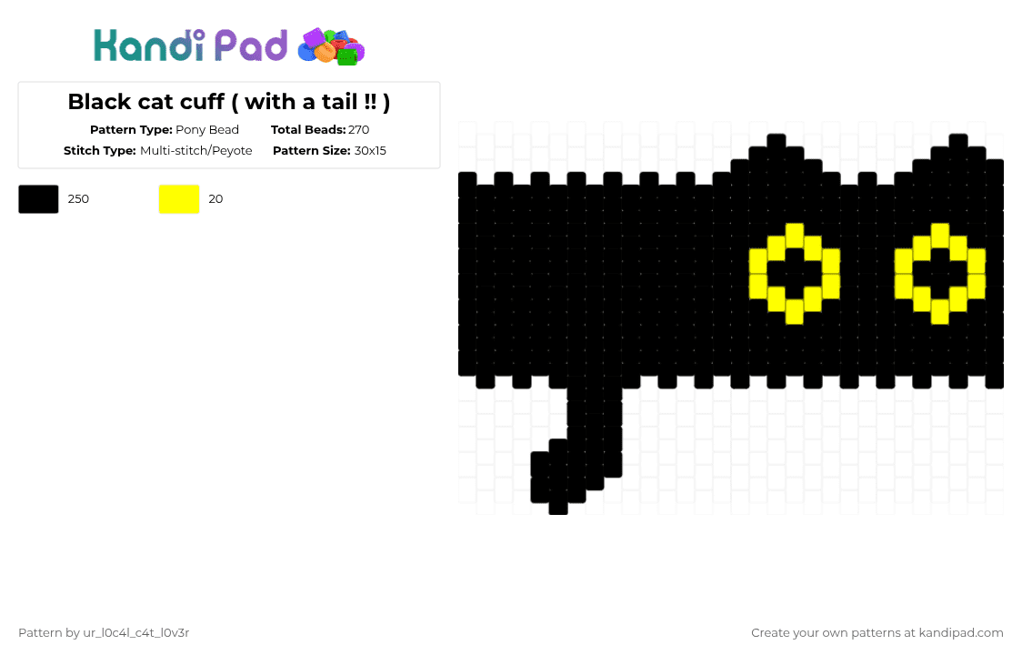 Black cat cuff ( with a tail !! ) - Pony Bead Pattern by ur_l0c4l_c4t_l0v3r on Kandi Pad - black,yellow,cat,black cat,animal,animals,cuff,cat cuff