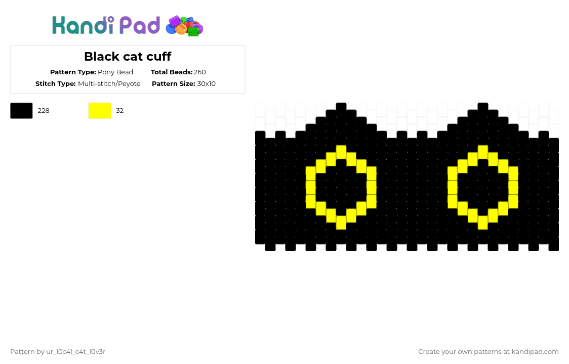 Black cat cuff - Pony Bead Pattern by ur_l0c4l_c4t_l0v3r on Kandi Pad - black,cat,cuff,black cat,animal,eyes