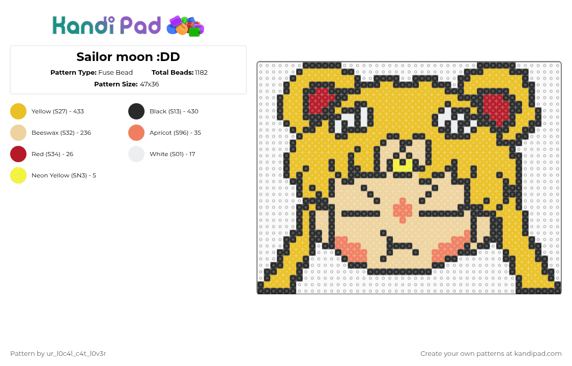 Sailor moon :DD - Fuse Bead Pattern by ur_l0c4l_c4t_l0v3r on Kandi Pad - beige,yellow,anime,sailor moon,usagi,moon,sailor