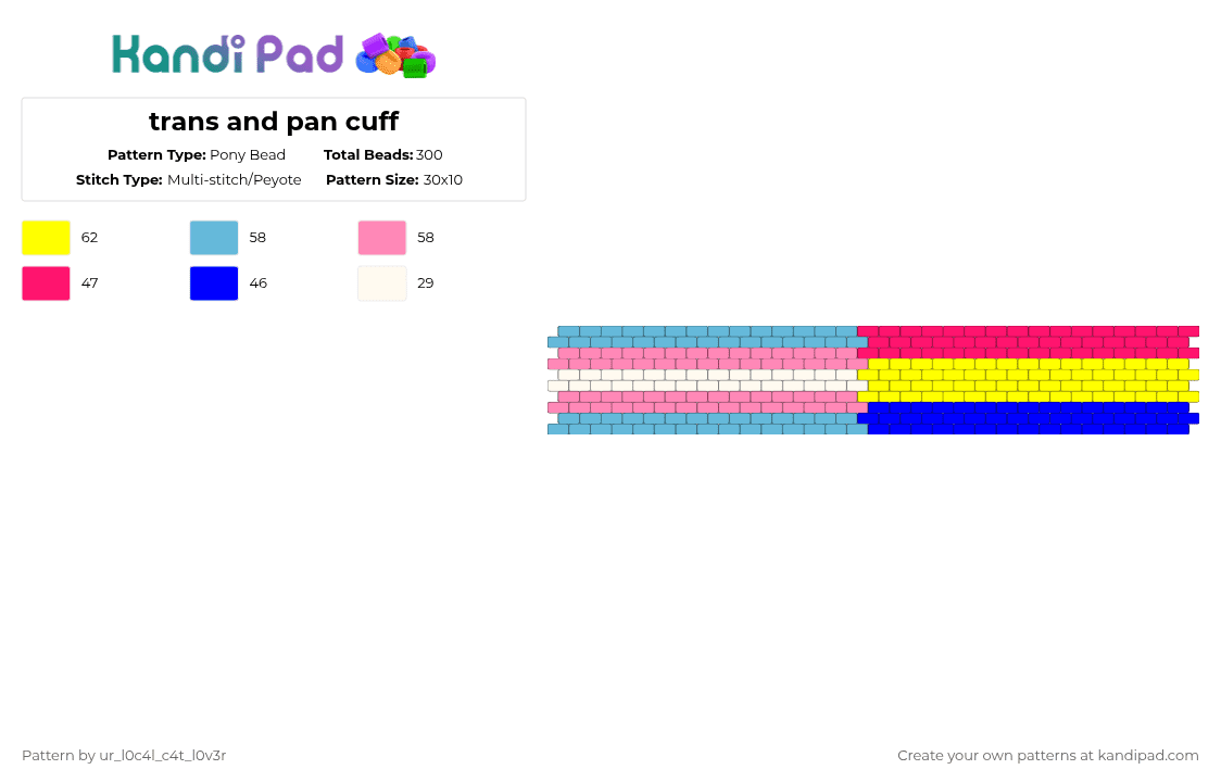 trans and pan cuff - Pony Bead Pattern by ur_l0c4l_c4t_l0v3r on Kandi Pad - light blue,pink,yellow,trans,pan,pansexual,transgender,lgbt,lgbtq