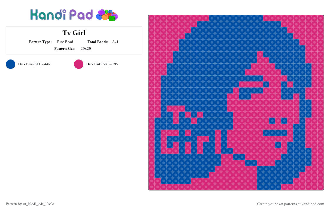 Tv Girl - Fuse Bead Pattern by ur_l0c4l_c4t_l0v3r on Kandi Pad - pink,blue,cotdduotone,tv girl,tv,girl,music,fuse bead