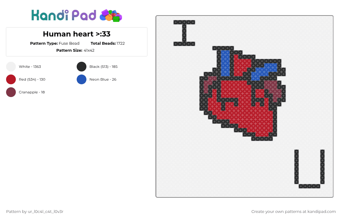 Human heart >:33 - Fuse Bead Pattern by ur_l0c4l_c4t_l0v3r on Kandi Pad - heart, human heart, i heart you, love, red, white