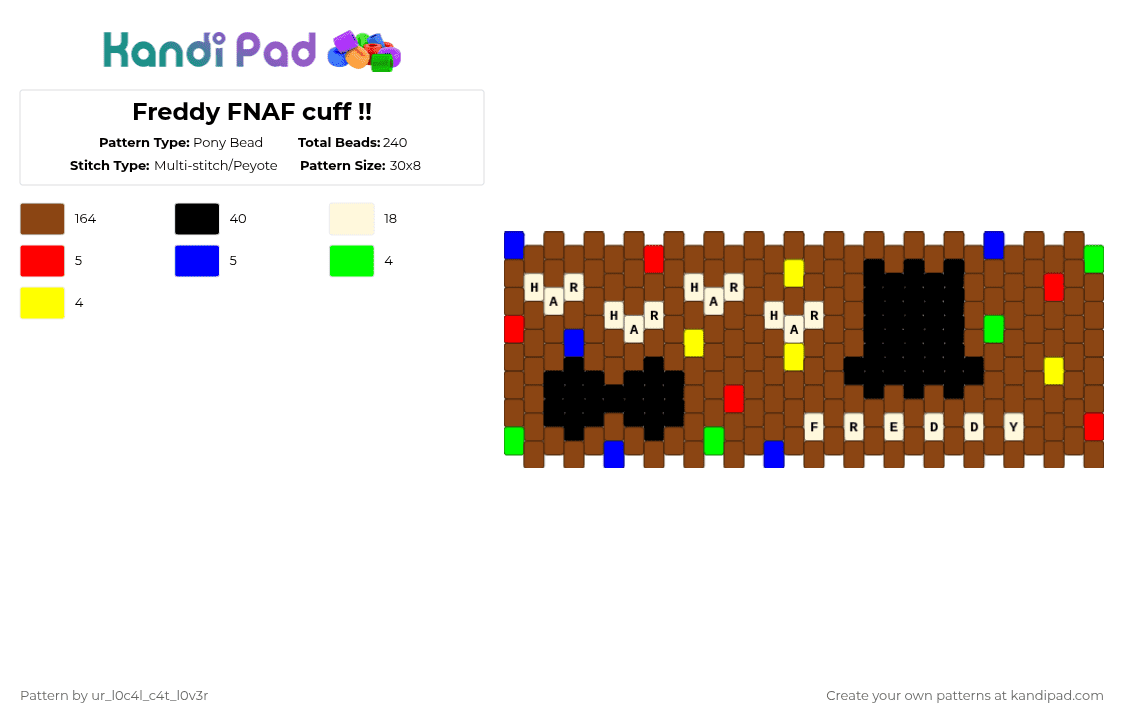 Freddy FNAF cuff !! - Pony Bead Pattern by ur_l0c4l_c4t_l0v3r on Kandi Pad - red,freddy,fazbear,freddy fazbear,fnaf,five nights at freddys,games,characters