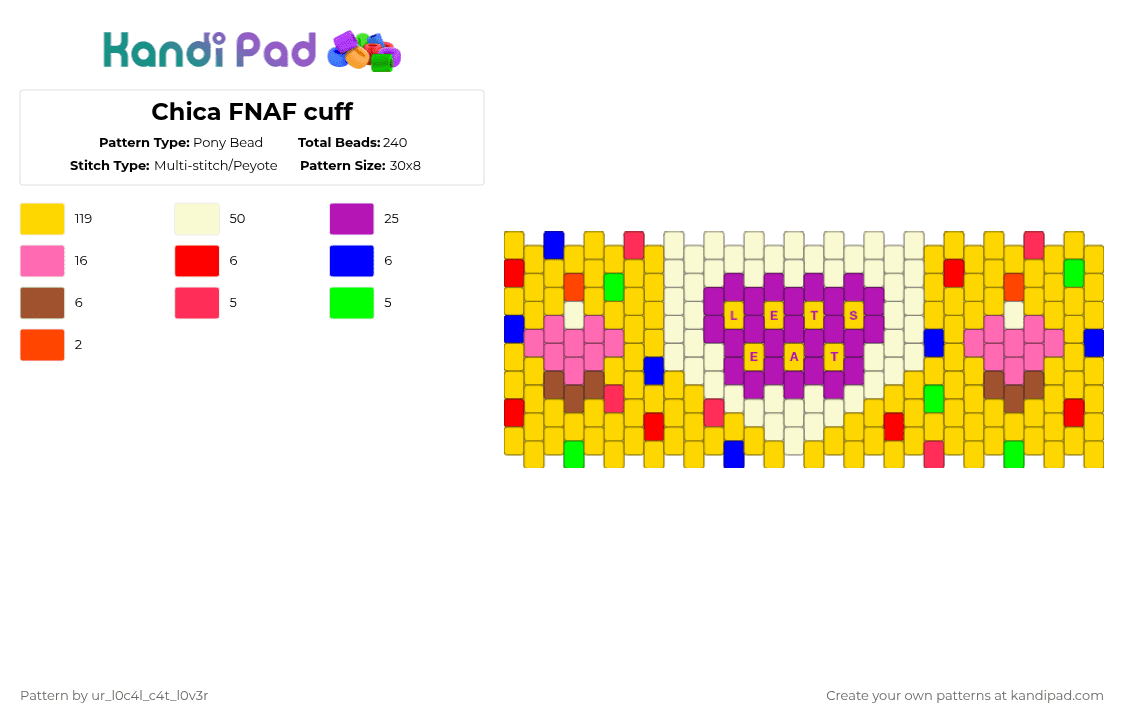 Chica FNAF cuff - Pony Bead Pattern by ur_l0c4l_c4t_l0v3r on Kandi Pad - yellow,pink,chica,fnaf,five nights at freddys,cuff,chica cuff